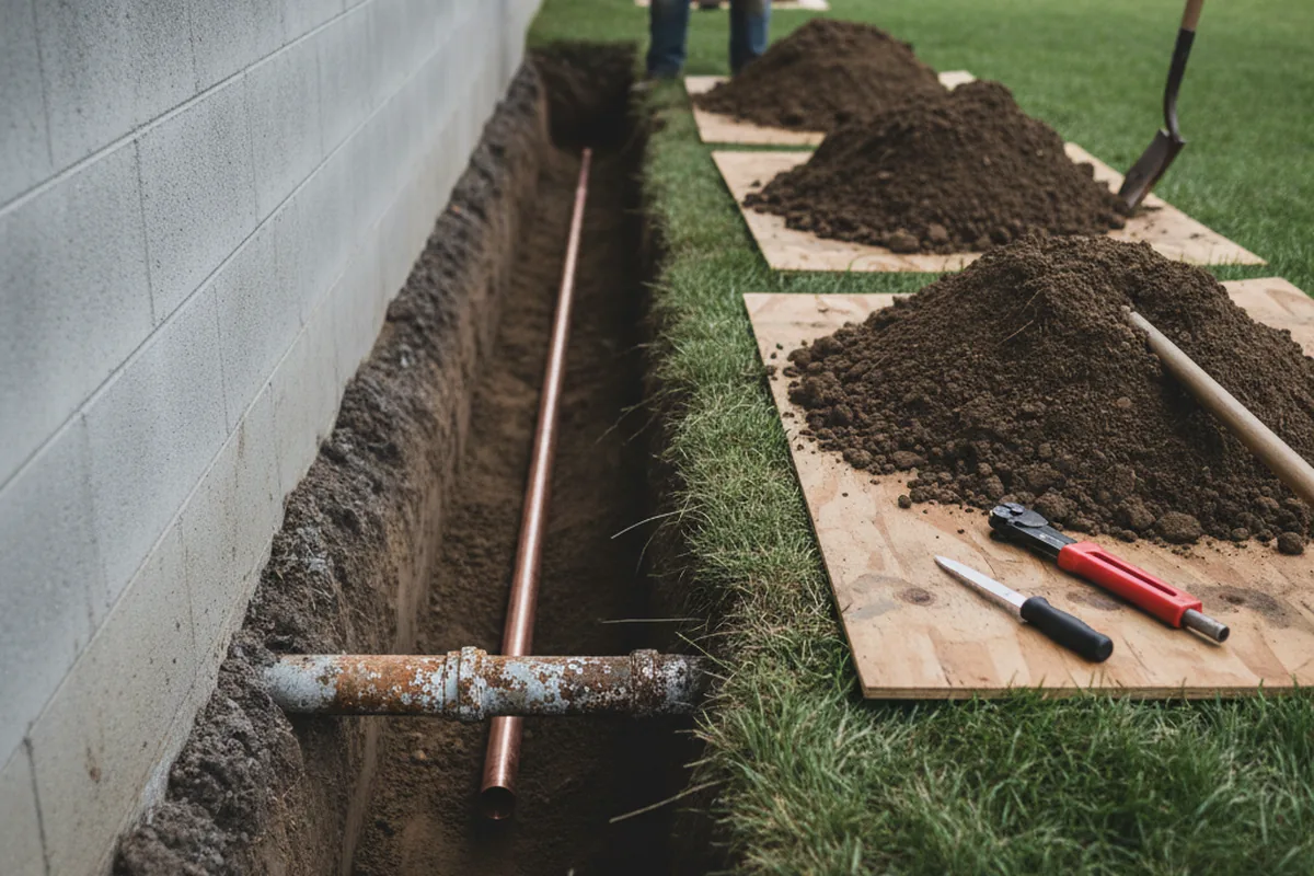 Excavated water line trench during Water Softener Installation in Hanna